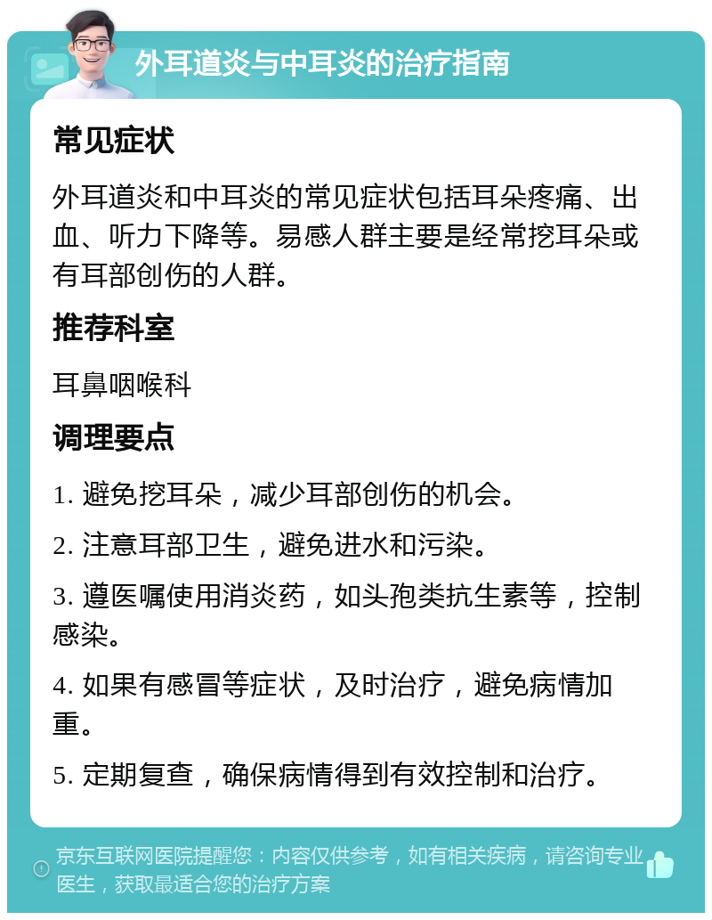 外耳道炎与中耳炎的治疗指南 常见症状 外耳道炎和中耳炎的常见症状包括耳朵疼痛、出血、听力下降等。易感人群主要是经常挖耳朵或有耳部创伤的人群。 推荐科室 耳鼻咽喉科 调理要点 1. 避免挖耳朵，减少耳部创伤的机会。 2. 注意耳部卫生，避免进水和污染。 3. 遵医嘱使用消炎药，如头孢类抗生素等，控制感染。 4. 如果有感冒等症状，及时治疗，避免病情加重。 5. 定期复查，确保病情得到有效控制和治疗。