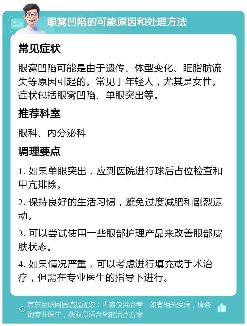 眼窝凹陷的可能原因和处理方法 常见症状 眼窝凹陷可能是由于遗传、体型变化、眶脂肪流失等原因引起的。常见于年轻人，尤其是女性。症状包括眼窝凹陷、单眼突出等。 推荐科室 眼科、内分泌科 调理要点 1. 如果单眼突出，应到医院进行球后占位检查和甲亢排除。 2. 保持良好的生活习惯，避免过度减肥和剧烈运动。 3. 可以尝试使用一些眼部护理产品来改善眼部皮肤状态。 4. 如果情况严重，可以考虑进行填充或手术治疗，但需在专业医生的指导下进行。