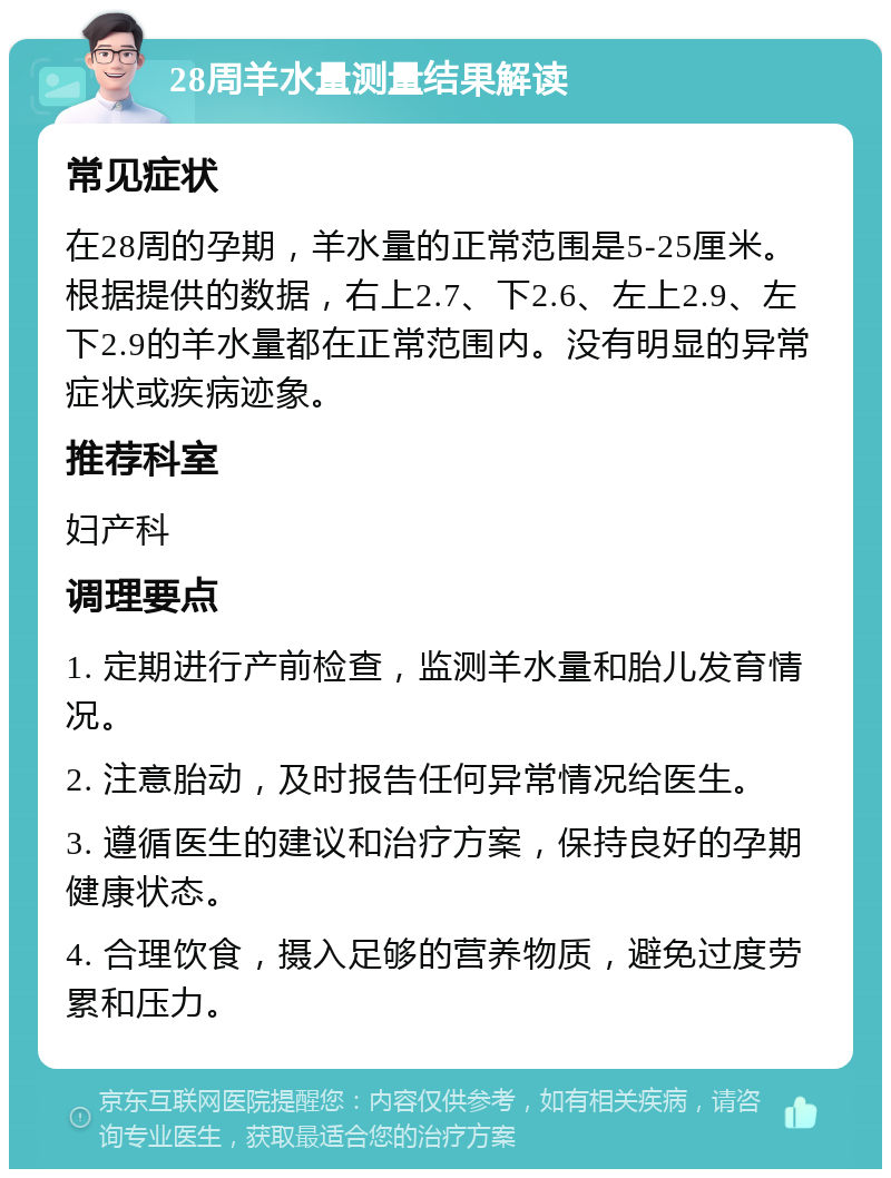 28周羊水量测量结果解读 常见症状 在28周的孕期，羊水量的正常范围是5-25厘米。根据提供的数据，右上2.7、下2.6、左上2.9、左下2.9的羊水量都在正常范围内。没有明显的异常症状或疾病迹象。 推荐科室 妇产科 调理要点 1. 定期进行产前检查，监测羊水量和胎儿发育情况。 2. 注意胎动，及时报告任何异常情况给医生。 3. 遵循医生的建议和治疗方案，保持良好的孕期健康状态。 4. 合理饮食，摄入足够的营养物质，避免过度劳累和压力。