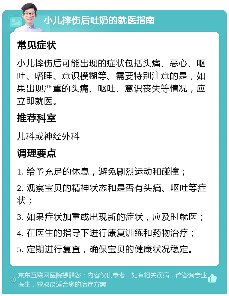 小儿摔伤后吐奶的就医指南 常见症状 小儿摔伤后可能出现的症状包括头痛、恶心、呕吐、嗜睡、意识模糊等。需要特别注意的是，如果出现严重的头痛、呕吐、意识丧失等情况，应立即就医。 推荐科室 儿科或神经外科 调理要点 1. 给予充足的休息，避免剧烈运动和碰撞； 2. 观察宝贝的精神状态和是否有头痛、呕吐等症状； 3. 如果症状加重或出现新的症状，应及时就医； 4. 在医生的指导下进行康复训练和药物治疗； 5. 定期进行复查，确保宝贝的健康状况稳定。