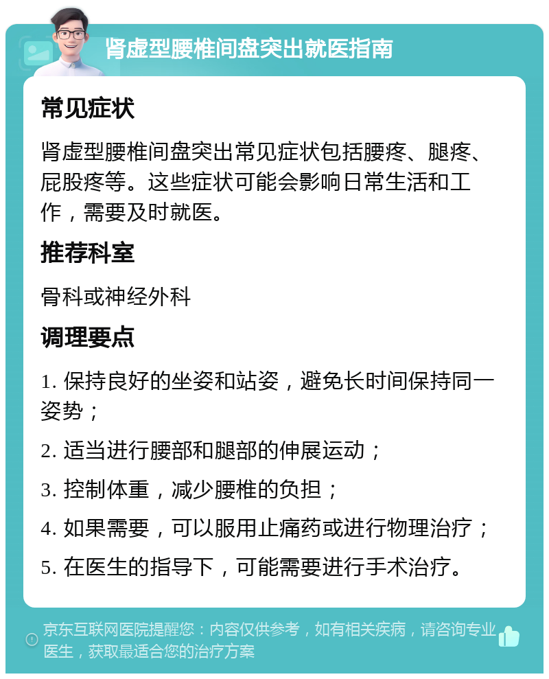 肾虚型腰椎间盘突出就医指南 常见症状 肾虚型腰椎间盘突出常见症状包括腰疼、腿疼、屁股疼等。这些症状可能会影响日常生活和工作，需要及时就医。 推荐科室 骨科或神经外科 调理要点 1. 保持良好的坐姿和站姿，避免长时间保持同一姿势； 2. 适当进行腰部和腿部的伸展运动； 3. 控制体重，减少腰椎的负担； 4. 如果需要，可以服用止痛药或进行物理治疗； 5. 在医生的指导下，可能需要进行手术治疗。