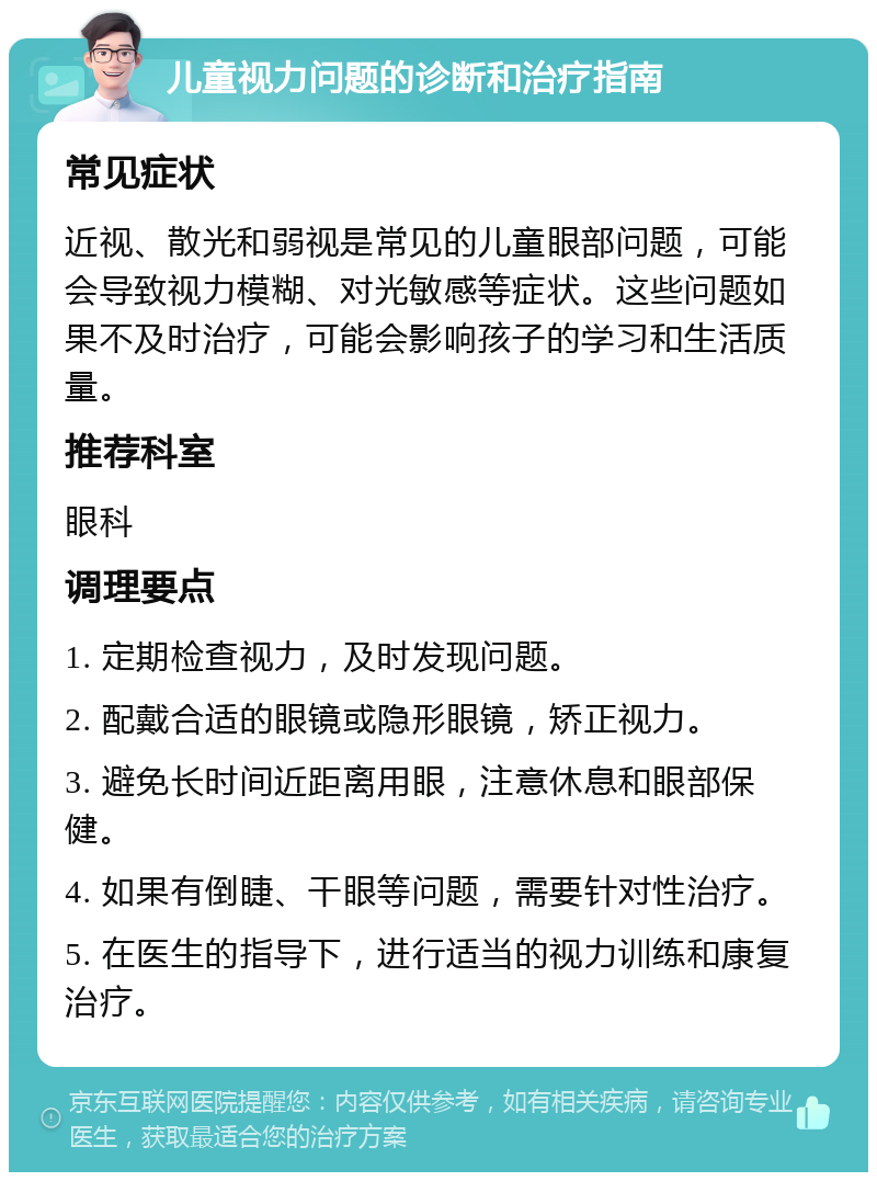 儿童视力问题的诊断和治疗指南 常见症状 近视、散光和弱视是常见的儿童眼部问题，可能会导致视力模糊、对光敏感等症状。这些问题如果不及时治疗，可能会影响孩子的学习和生活质量。 推荐科室 眼科 调理要点 1. 定期检查视力，及时发现问题。 2. 配戴合适的眼镜或隐形眼镜，矫正视力。 3. 避免长时间近距离用眼，注意休息和眼部保健。 4. 如果有倒睫、干眼等问题，需要针对性治疗。 5. 在医生的指导下，进行适当的视力训练和康复治疗。