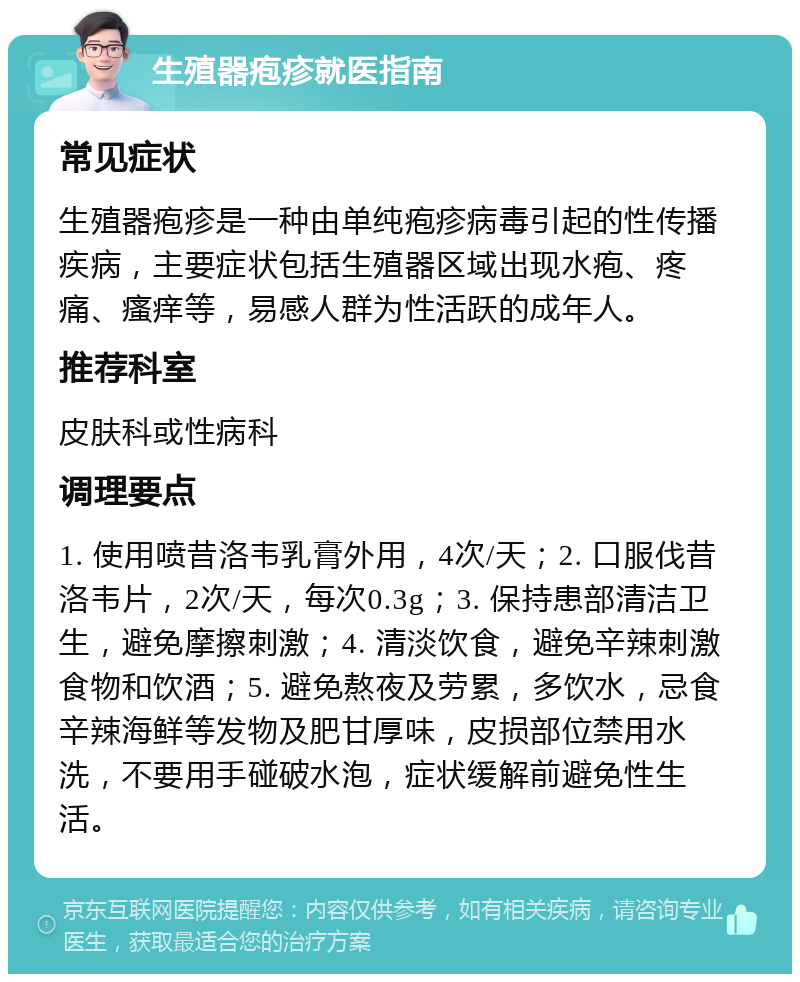 生殖器疱疹就医指南 常见症状 生殖器疱疹是一种由单纯疱疹病毒引起的性传播疾病，主要症状包括生殖器区域出现水疱、疼痛、瘙痒等，易感人群为性活跃的成年人。 推荐科室 皮肤科或性病科 调理要点 1. 使用喷昔洛韦乳膏外用，4次/天；2. 口服伐昔洛韦片，2次/天，每次0.3g；3. 保持患部清洁卫生，避免摩擦刺激；4. 清淡饮食，避免辛辣刺激食物和饮酒；5. 避免熬夜及劳累，多饮水，忌食辛辣海鲜等发物及肥甘厚味，皮损部位禁用水洗，不要用手碰破水泡，症状缓解前避免性生活。