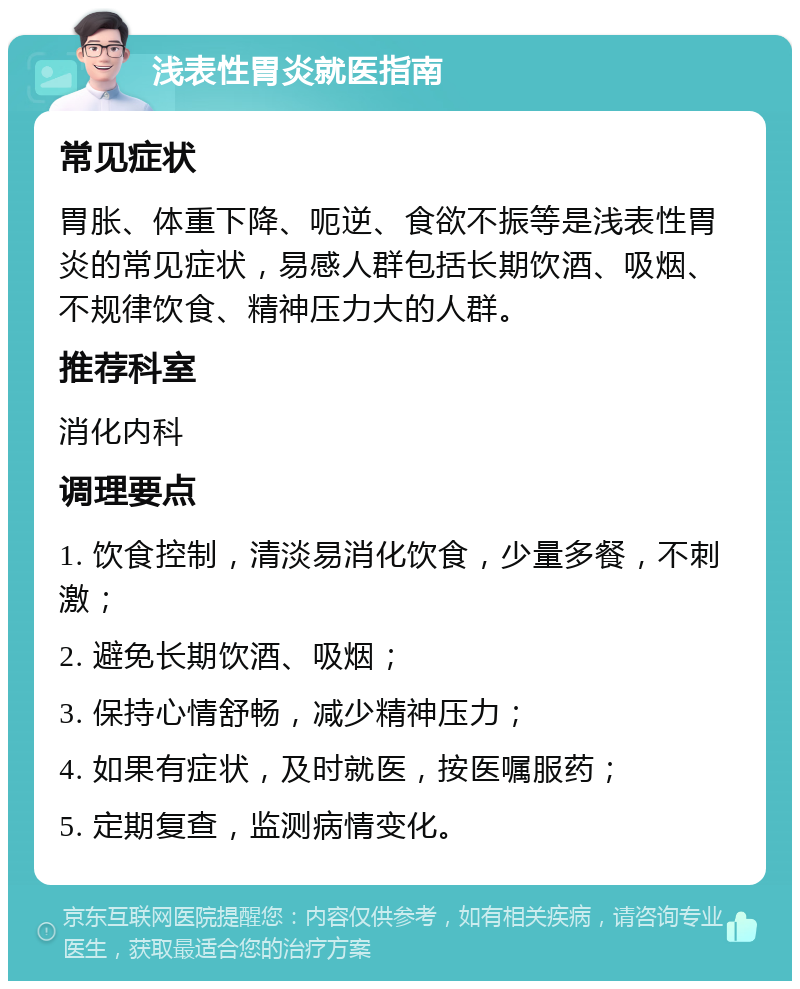 浅表性胃炎就医指南 常见症状 胃胀、体重下降、呃逆、食欲不振等是浅表性胃炎的常见症状，易感人群包括长期饮酒、吸烟、不规律饮食、精神压力大的人群。 推荐科室 消化内科 调理要点 1. 饮食控制，清淡易消化饮食，少量多餐，不刺激； 2. 避免长期饮酒、吸烟； 3. 保持心情舒畅，减少精神压力； 4. 如果有症状，及时就医，按医嘱服药； 5. 定期复查，监测病情变化。