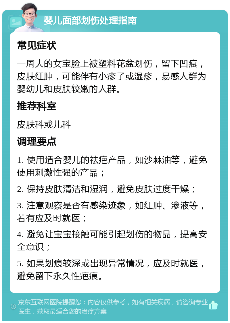 婴儿面部划伤处理指南 常见症状 一周大的女宝脸上被塑料花盆划伤，留下凹痕，皮肤红肿，可能伴有小疹子或湿疹，易感人群为婴幼儿和皮肤较嫩的人群。 推荐科室 皮肤科或儿科 调理要点 1. 使用适合婴儿的祛疤产品，如沙棘油等，避免使用刺激性强的产品； 2. 保持皮肤清洁和湿润，避免皮肤过度干燥； 3. 注意观察是否有感染迹象，如红肿、渗液等，若有应及时就医； 4. 避免让宝宝接触可能引起划伤的物品，提高安全意识； 5. 如果划痕较深或出现异常情况，应及时就医，避免留下永久性疤痕。