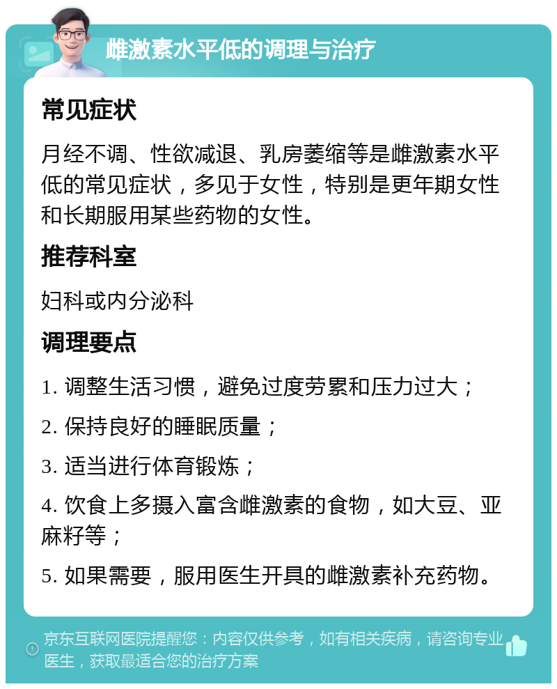 雌激素水平低的调理与治疗 常见症状 月经不调、性欲减退、乳房萎缩等是雌激素水平低的常见症状，多见于女性，特别是更年期女性和长期服用某些药物的女性。 推荐科室 妇科或内分泌科 调理要点 1. 调整生活习惯，避免过度劳累和压力过大； 2. 保持良好的睡眠质量； 3. 适当进行体育锻炼； 4. 饮食上多摄入富含雌激素的食物，如大豆、亚麻籽等； 5. 如果需要，服用医生开具的雌激素补充药物。