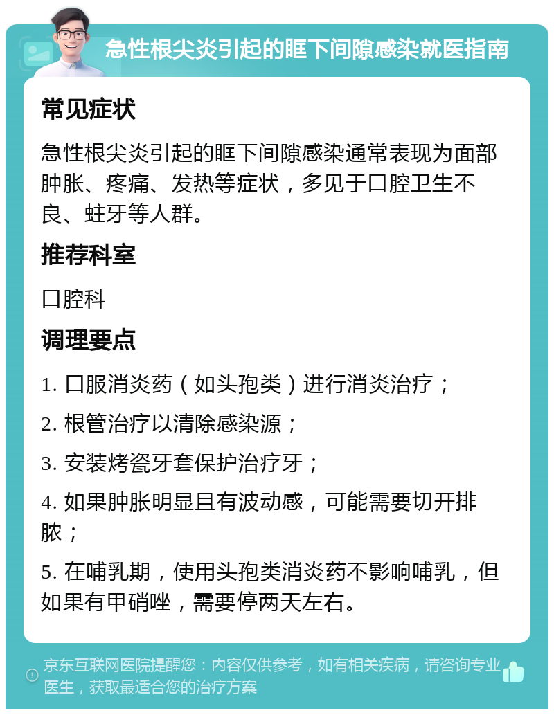 急性根尖炎引起的眶下间隙感染就医指南 常见症状 急性根尖炎引起的眶下间隙感染通常表现为面部肿胀、疼痛、发热等症状，多见于口腔卫生不良、蛀牙等人群。 推荐科室 口腔科 调理要点 1. 口服消炎药（如头孢类）进行消炎治疗； 2. 根管治疗以清除感染源； 3. 安装烤瓷牙套保护治疗牙； 4. 如果肿胀明显且有波动感，可能需要切开排脓； 5. 在哺乳期，使用头孢类消炎药不影响哺乳，但如果有甲硝唑，需要停两天左右。