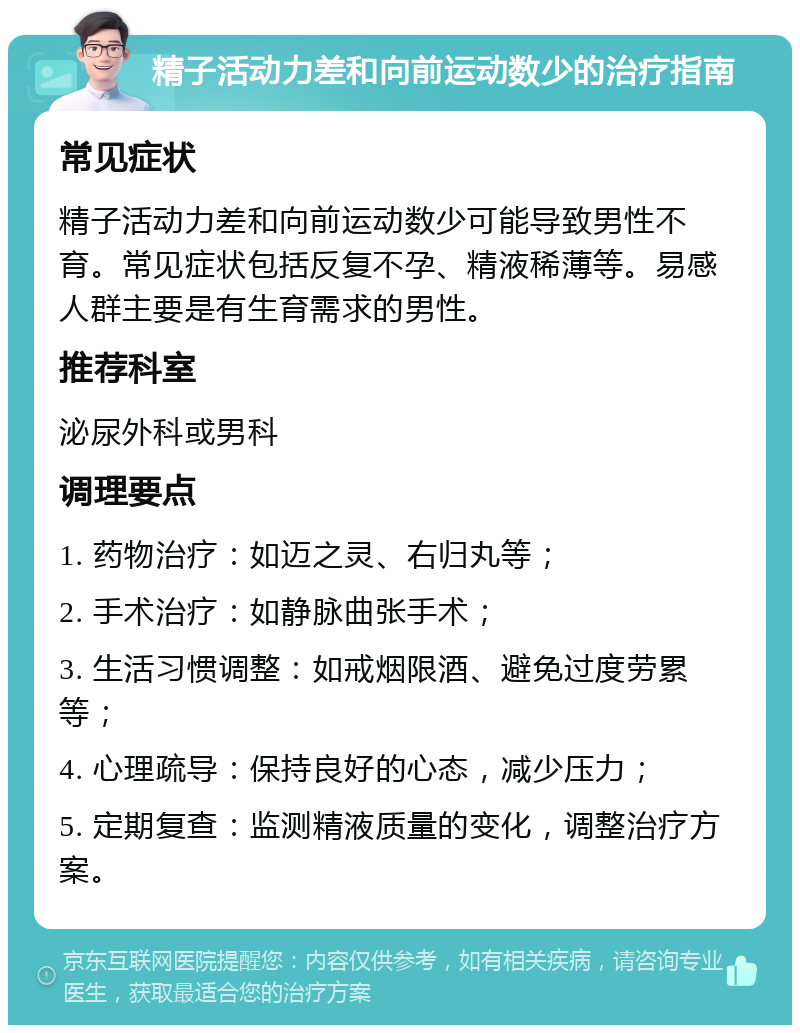 精子活动力差和向前运动数少的治疗指南 常见症状 精子活动力差和向前运动数少可能导致男性不育。常见症状包括反复不孕、精液稀薄等。易感人群主要是有生育需求的男性。 推荐科室 泌尿外科或男科 调理要点 1. 药物治疗：如迈之灵、右归丸等； 2. 手术治疗：如静脉曲张手术； 3. 生活习惯调整：如戒烟限酒、避免过度劳累等； 4. 心理疏导：保持良好的心态，减少压力； 5. 定期复查：监测精液质量的变化，调整治疗方案。