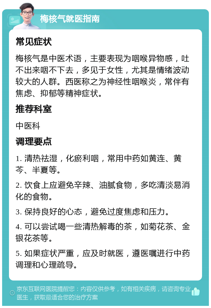 梅核气就医指南 常见症状 梅核气是中医术语，主要表现为咽喉异物感，吐不出来咽不下去，多见于女性，尤其是情绪波动较大的人群。西医称之为神经性咽喉炎，常伴有焦虑、抑郁等精神症状。 推荐科室 中医科 调理要点 1. 清热祛湿，化瘀利咽，常用中药如黄连、黄芩、半夏等。 2. 饮食上应避免辛辣、油腻食物，多吃清淡易消化的食物。 3. 保持良好的心态，避免过度焦虑和压力。 4. 可以尝试喝一些清热解毒的茶，如菊花茶、金银花茶等。 5. 如果症状严重，应及时就医，遵医嘱进行中药调理和心理疏导。