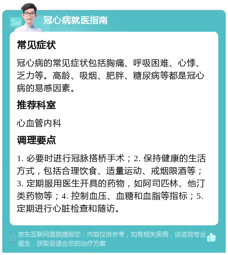 冠心病就医指南 常见症状 冠心病的常见症状包括胸痛、呼吸困难、心悸、乏力等。高龄、吸烟、肥胖、糖尿病等都是冠心病的易感因素。 推荐科室 心血管内科 调理要点 1. 必要时进行冠脉搭桥手术；2. 保持健康的生活方式，包括合理饮食、适量运动、戒烟限酒等；3. 定期服用医生开具的药物，如阿司匹林、他汀类药物等；4. 控制血压、血糖和血脂等指标；5. 定期进行心脏检查和随访。