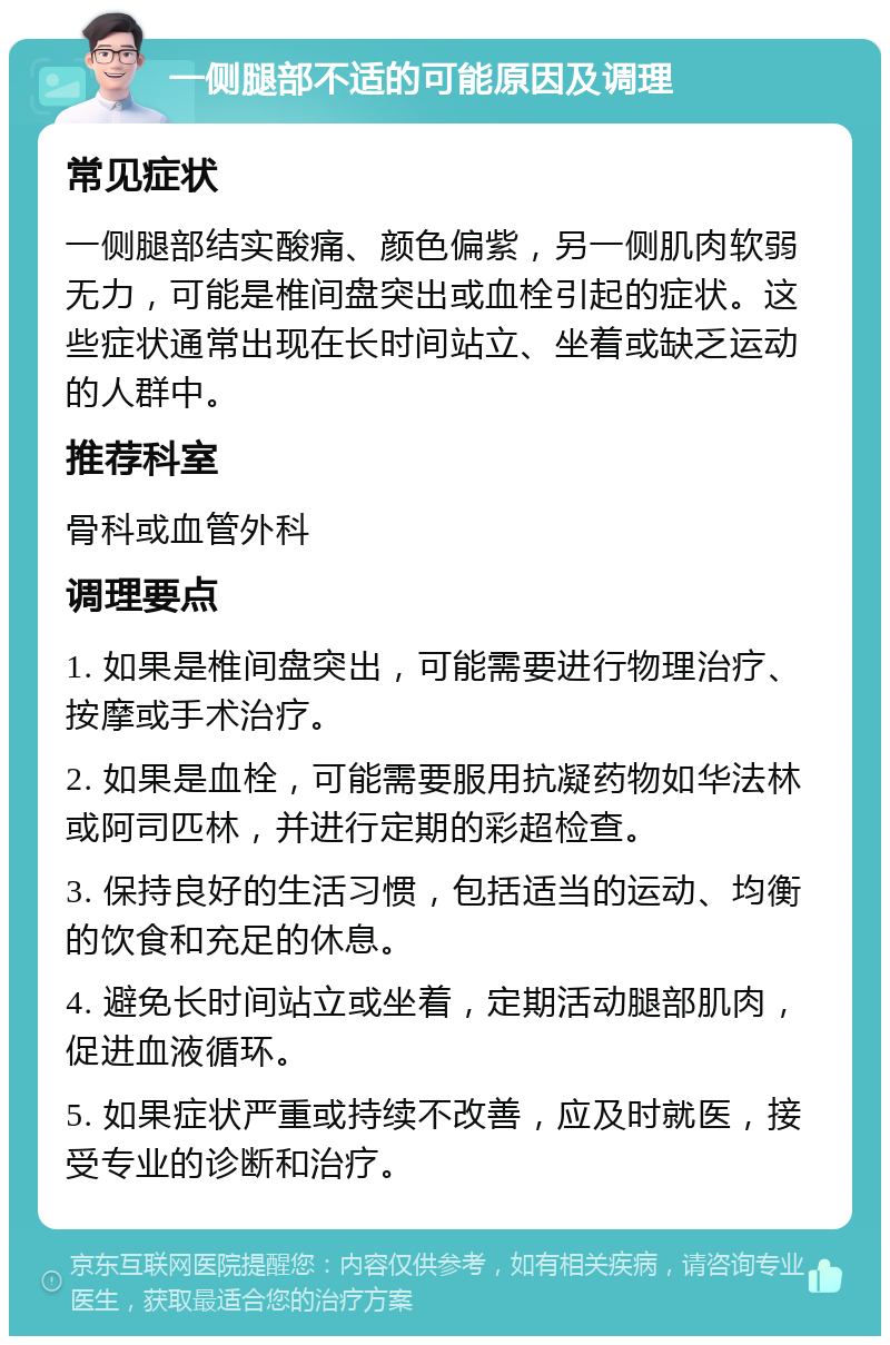 一侧腿部不适的可能原因及调理 常见症状 一侧腿部结实酸痛、颜色偏紫，另一侧肌肉软弱无力，可能是椎间盘突出或血栓引起的症状。这些症状通常出现在长时间站立、坐着或缺乏运动的人群中。 推荐科室 骨科或血管外科 调理要点 1. 如果是椎间盘突出，可能需要进行物理治疗、按摩或手术治疗。 2. 如果是血栓，可能需要服用抗凝药物如华法林或阿司匹林，并进行定期的彩超检查。 3. 保持良好的生活习惯，包括适当的运动、均衡的饮食和充足的休息。 4. 避免长时间站立或坐着，定期活动腿部肌肉，促进血液循环。 5. 如果症状严重或持续不改善，应及时就医，接受专业的诊断和治疗。