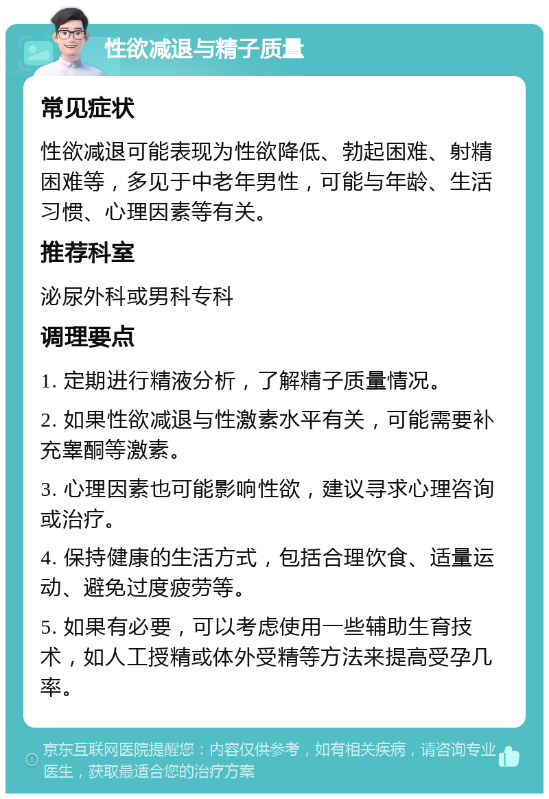 性欲减退与精子质量 常见症状 性欲减退可能表现为性欲降低、勃起困难、射精困难等，多见于中老年男性，可能与年龄、生活习惯、心理因素等有关。 推荐科室 泌尿外科或男科专科 调理要点 1. 定期进行精液分析，了解精子质量情况。 2. 如果性欲减退与性激素水平有关，可能需要补充睾酮等激素。 3. 心理因素也可能影响性欲，建议寻求心理咨询或治疗。 4. 保持健康的生活方式，包括合理饮食、适量运动、避免过度疲劳等。 5. 如果有必要，可以考虑使用一些辅助生育技术，如人工授精或体外受精等方法来提高受孕几率。