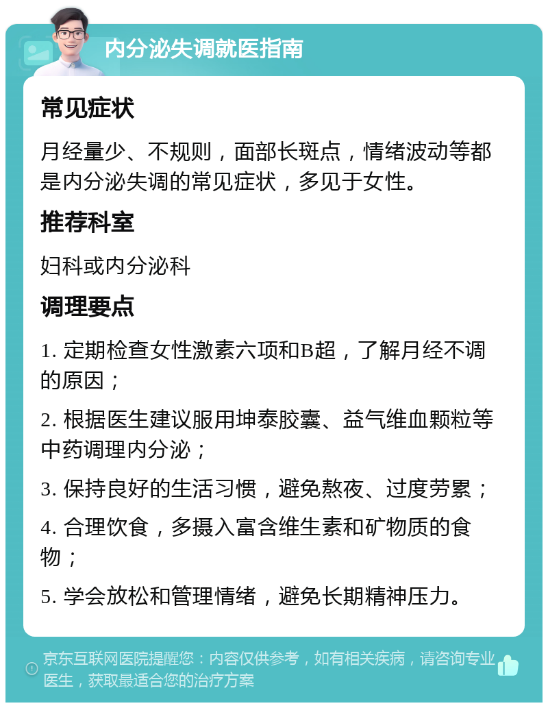 内分泌失调就医指南 常见症状 月经量少、不规则，面部长斑点，情绪波动等都是内分泌失调的常见症状，多见于女性。 推荐科室 妇科或内分泌科 调理要点 1. 定期检查女性激素六项和B超，了解月经不调的原因； 2. 根据医生建议服用坤泰胶囊、益气维血颗粒等中药调理内分泌； 3. 保持良好的生活习惯，避免熬夜、过度劳累； 4. 合理饮食，多摄入富含维生素和矿物质的食物； 5. 学会放松和管理情绪，避免长期精神压力。