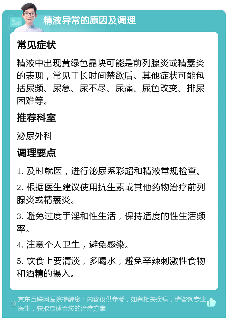 精液异常的原因及调理 常见症状 精液中出现黄绿色晶块可能是前列腺炎或精囊炎的表现，常见于长时间禁欲后。其他症状可能包括尿频、尿急、尿不尽、尿痛、尿色改变、排尿困难等。 推荐科室 泌尿外科 调理要点 1. 及时就医，进行泌尿系彩超和精液常规检查。 2. 根据医生建议使用抗生素或其他药物治疗前列腺炎或精囊炎。 3. 避免过度手淫和性生活，保持适度的性生活频率。 4. 注意个人卫生，避免感染。 5. 饮食上要清淡，多喝水，避免辛辣刺激性食物和酒精的摄入。