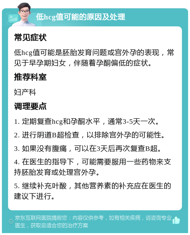 低hcg值可能的原因及处理 常见症状 低hcg值可能是胚胎发育问题或宫外孕的表现，常见于早孕期妇女，伴随着孕酮偏低的症状。 推荐科室 妇产科 调理要点 1. 定期复查hcg和孕酮水平，通常3-5天一次。 2. 进行阴道B超检查，以排除宫外孕的可能性。 3. 如果没有腹痛，可以在3天后再次复查B超。 4. 在医生的指导下，可能需要服用一些药物来支持胚胎发育或处理宫外孕。 5. 继续补充叶酸，其他营养素的补充应在医生的建议下进行。