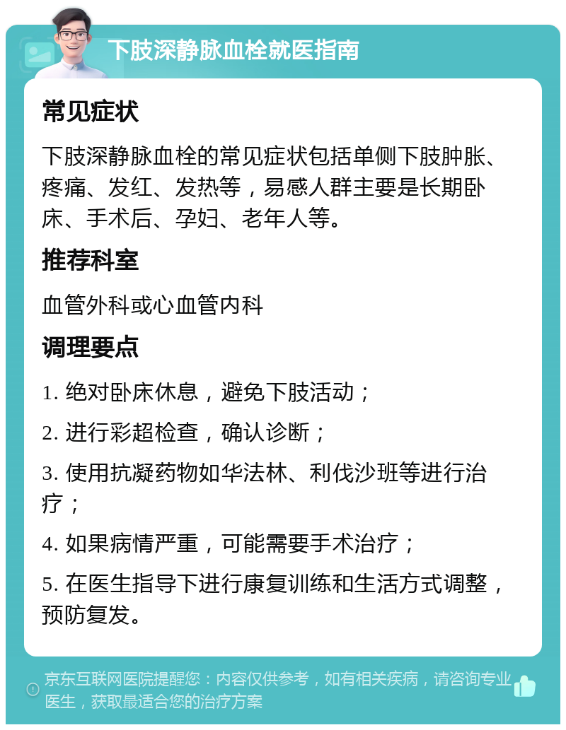 下肢深静脉血栓就医指南 常见症状 下肢深静脉血栓的常见症状包括单侧下肢肿胀、疼痛、发红、发热等，易感人群主要是长期卧床、手术后、孕妇、老年人等。 推荐科室 血管外科或心血管内科 调理要点 1. 绝对卧床休息，避免下肢活动； 2. 进行彩超检查，确认诊断； 3. 使用抗凝药物如华法林、利伐沙班等进行治疗； 4. 如果病情严重，可能需要手术治疗； 5. 在医生指导下进行康复训练和生活方式调整，预防复发。