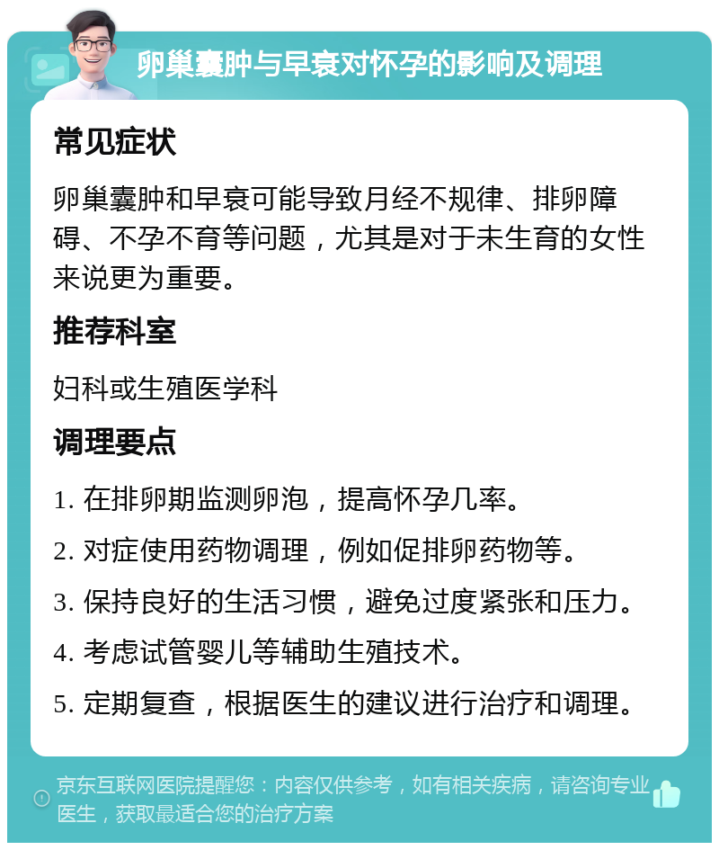 卵巢囊肿与早衰对怀孕的影响及调理 常见症状 卵巢囊肿和早衰可能导致月经不规律、排卵障碍、不孕不育等问题，尤其是对于未生育的女性来说更为重要。 推荐科室 妇科或生殖医学科 调理要点 1. 在排卵期监测卵泡，提高怀孕几率。 2. 对症使用药物调理，例如促排卵药物等。 3. 保持良好的生活习惯，避免过度紧张和压力。 4. 考虑试管婴儿等辅助生殖技术。 5. 定期复查，根据医生的建议进行治疗和调理。