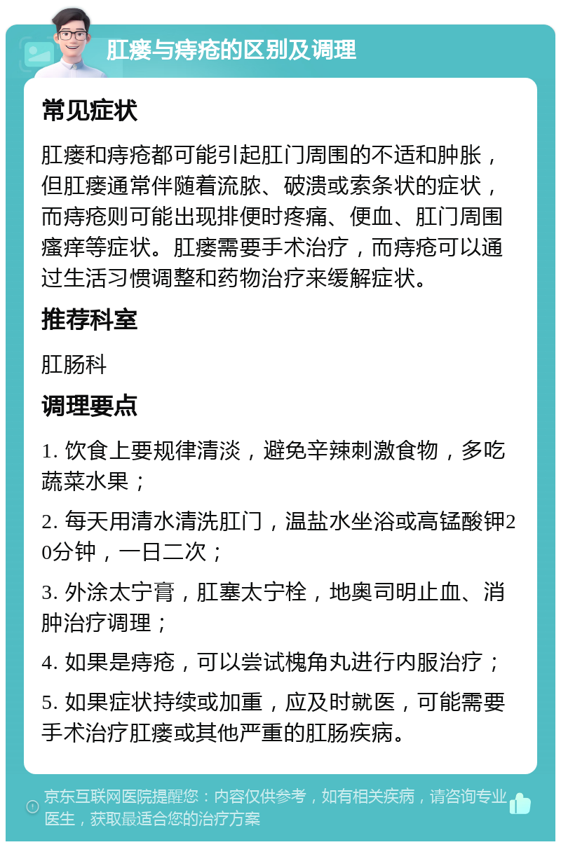 肛瘘与痔疮的区别及调理 常见症状 肛瘘和痔疮都可能引起肛门周围的不适和肿胀，但肛瘘通常伴随着流脓、破溃或索条状的症状，而痔疮则可能出现排便时疼痛、便血、肛门周围瘙痒等症状。肛瘘需要手术治疗，而痔疮可以通过生活习惯调整和药物治疗来缓解症状。 推荐科室 肛肠科 调理要点 1. 饮食上要规律清淡，避免辛辣刺激食物，多吃蔬菜水果； 2. 每天用清水清洗肛门，温盐水坐浴或高锰酸钾20分钟，一日二次； 3. 外涂太宁膏，肛塞太宁栓，地奥司明止血、消肿治疗调理； 4. 如果是痔疮，可以尝试槐角丸进行内服治疗； 5. 如果症状持续或加重，应及时就医，可能需要手术治疗肛瘘或其他严重的肛肠疾病。