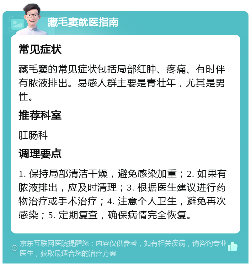 藏毛窦就医指南 常见症状 藏毛窦的常见症状包括局部红肿、疼痛、有时伴有脓液排出。易感人群主要是青壮年，尤其是男性。 推荐科室 肛肠科 调理要点 1. 保持局部清洁干燥，避免感染加重；2. 如果有脓液排出，应及时清理；3. 根据医生建议进行药物治疗或手术治疗；4. 注意个人卫生，避免再次感染；5. 定期复查，确保病情完全恢复。