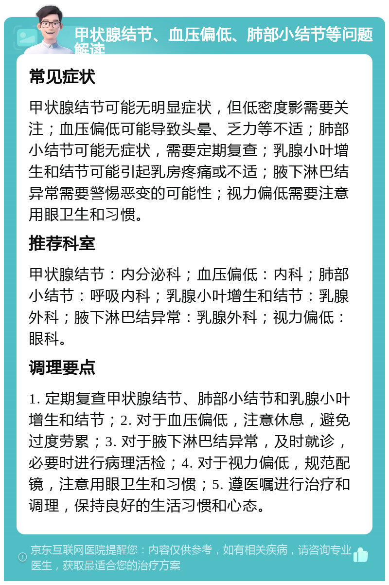 甲状腺结节、血压偏低、肺部小结节等问题解读 常见症状 甲状腺结节可能无明显症状，但低密度影需要关注；血压偏低可能导致头晕、乏力等不适；肺部小结节可能无症状，需要定期复查；乳腺小叶增生和结节可能引起乳房疼痛或不适；腋下淋巴结异常需要警惕恶变的可能性；视力偏低需要注意用眼卫生和习惯。 推荐科室 甲状腺结节：内分泌科；血压偏低：内科；肺部小结节：呼吸内科；乳腺小叶增生和结节：乳腺外科；腋下淋巴结异常：乳腺外科；视力偏低：眼科。 调理要点 1. 定期复查甲状腺结节、肺部小结节和乳腺小叶增生和结节；2. 对于血压偏低，注意休息，避免过度劳累；3. 对于腋下淋巴结异常，及时就诊，必要时进行病理活检；4. 对于视力偏低，规范配镜，注意用眼卫生和习惯；5. 遵医嘱进行治疗和调理，保持良好的生活习惯和心态。