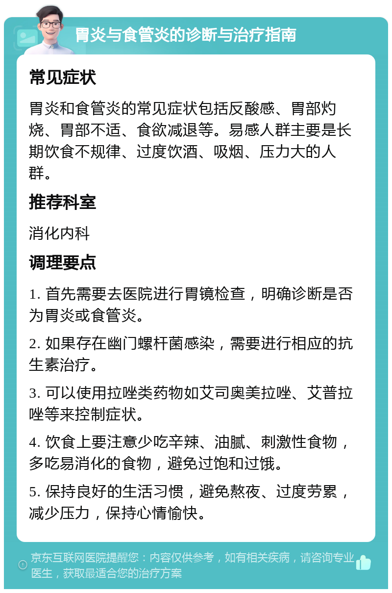 胃炎与食管炎的诊断与治疗指南 常见症状 胃炎和食管炎的常见症状包括反酸感、胃部灼烧、胃部不适、食欲减退等。易感人群主要是长期饮食不规律、过度饮酒、吸烟、压力大的人群。 推荐科室 消化内科 调理要点 1. 首先需要去医院进行胃镜检查，明确诊断是否为胃炎或食管炎。 2. 如果存在幽门螺杆菌感染，需要进行相应的抗生素治疗。 3. 可以使用拉唑类药物如艾司奥美拉唑、艾普拉唑等来控制症状。 4. 饮食上要注意少吃辛辣、油腻、刺激性食物，多吃易消化的食物，避免过饱和过饿。 5. 保持良好的生活习惯，避免熬夜、过度劳累，减少压力，保持心情愉快。