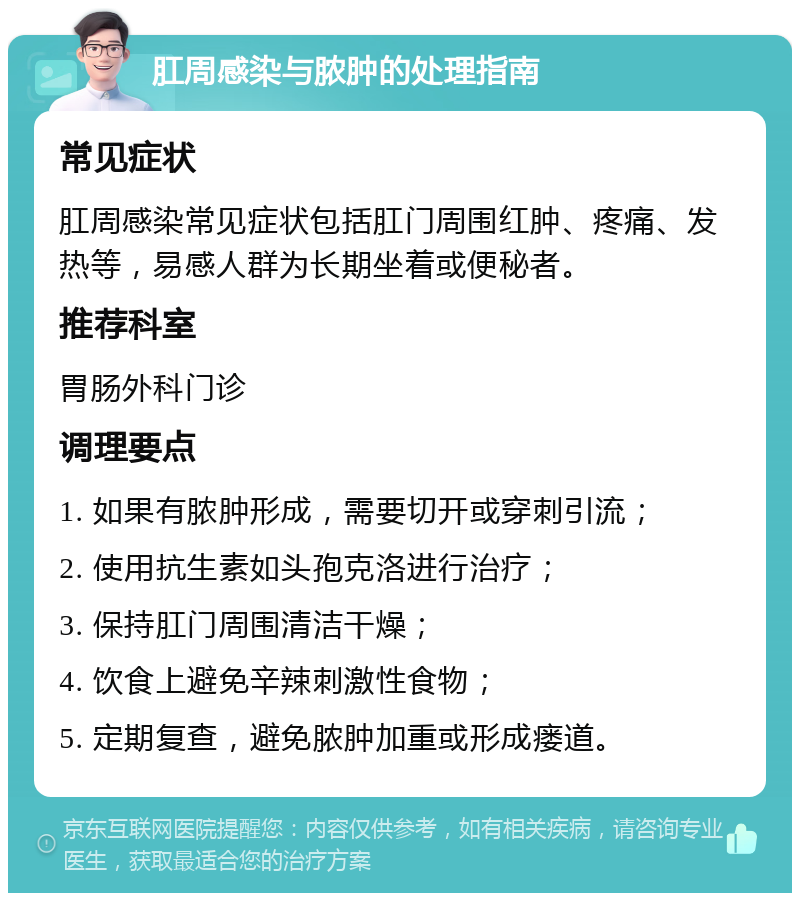 肛周感染与脓肿的处理指南 常见症状 肛周感染常见症状包括肛门周围红肿、疼痛、发热等，易感人群为长期坐着或便秘者。 推荐科室 胃肠外科门诊 调理要点 1. 如果有脓肿形成，需要切开或穿刺引流； 2. 使用抗生素如头孢克洛进行治疗； 3. 保持肛门周围清洁干燥； 4. 饮食上避免辛辣刺激性食物； 5. 定期复查，避免脓肿加重或形成瘘道。