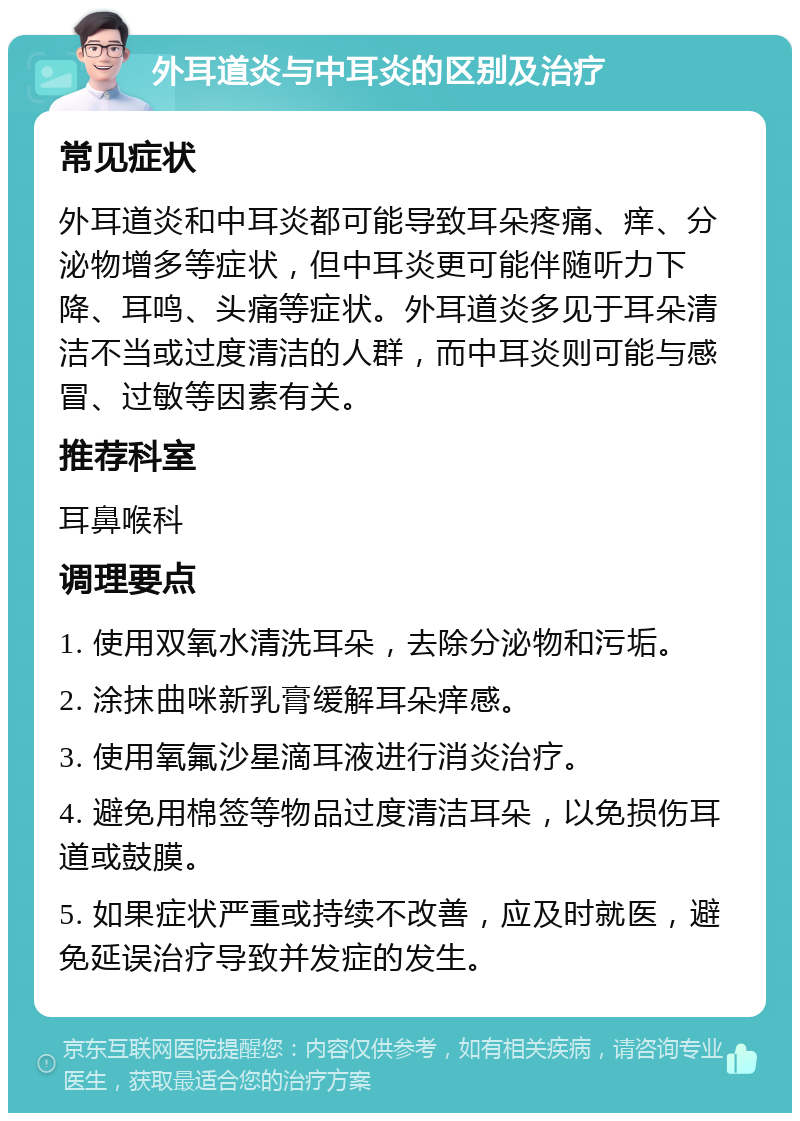 外耳道炎与中耳炎的区别及治疗 常见症状 外耳道炎和中耳炎都可能导致耳朵疼痛、痒、分泌物增多等症状，但中耳炎更可能伴随听力下降、耳鸣、头痛等症状。外耳道炎多见于耳朵清洁不当或过度清洁的人群，而中耳炎则可能与感冒、过敏等因素有关。 推荐科室 耳鼻喉科 调理要点 1. 使用双氧水清洗耳朵，去除分泌物和污垢。 2. 涂抹曲咪新乳膏缓解耳朵痒感。 3. 使用氧氟沙星滴耳液进行消炎治疗。 4. 避免用棉签等物品过度清洁耳朵，以免损伤耳道或鼓膜。 5. 如果症状严重或持续不改善，应及时就医，避免延误治疗导致并发症的发生。