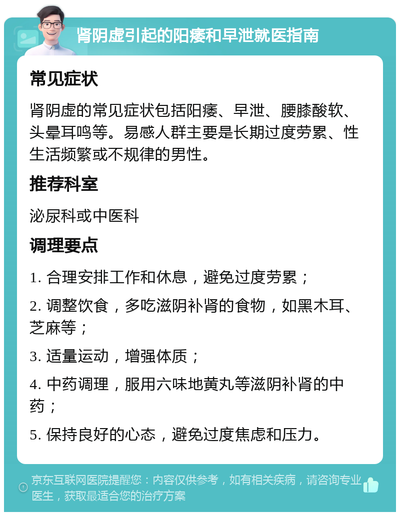 肾阴虚引起的阳痿和早泄就医指南 常见症状 肾阴虚的常见症状包括阳痿、早泄、腰膝酸软、头晕耳鸣等。易感人群主要是长期过度劳累、性生活频繁或不规律的男性。 推荐科室 泌尿科或中医科 调理要点 1. 合理安排工作和休息，避免过度劳累； 2. 调整饮食，多吃滋阴补肾的食物，如黑木耳、芝麻等； 3. 适量运动，增强体质； 4. 中药调理，服用六味地黄丸等滋阴补肾的中药； 5. 保持良好的心态，避免过度焦虑和压力。