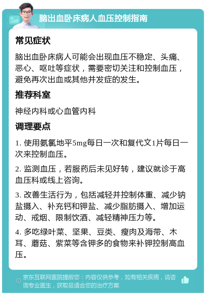 脑出血卧床病人血压控制指南 常见症状 脑出血卧床病人可能会出现血压不稳定、头痛、恶心、呕吐等症状，需要密切关注和控制血压，避免再次出血或其他并发症的发生。 推荐科室 神经内科或心血管内科 调理要点 1. 使用氨氯地平5mg每日一次和复代文1片每日一次来控制血压。 2. 监测血压，若服药后未见好转，建议就诊于高血压科或线上咨询。 3. 改善生活行为，包括减轻并控制体重、减少钠盐摄入、补充钙和钾盐、减少脂肪摄入、增加运动、戒烟、限制饮酒、减轻精神压力等。 4. 多吃绿叶菜、坚果、豆类、瘦肉及海带、木耳、蘑菇、紫菜等含钾多的食物来补钾控制高血压。