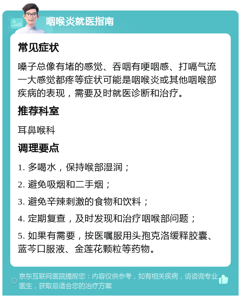 咽喉炎就医指南 常见症状 嗓子总像有堵的感觉、吞咽有哽咽感、打嗝气流一大感觉都疼等症状可能是咽喉炎或其他咽喉部疾病的表现，需要及时就医诊断和治疗。 推荐科室 耳鼻喉科 调理要点 1. 多喝水，保持喉部湿润； 2. 避免吸烟和二手烟； 3. 避免辛辣刺激的食物和饮料； 4. 定期复查，及时发现和治疗咽喉部问题； 5. 如果有需要，按医嘱服用头孢克洛缓释胶囊、蓝芩口服液、金莲花颗粒等药物。