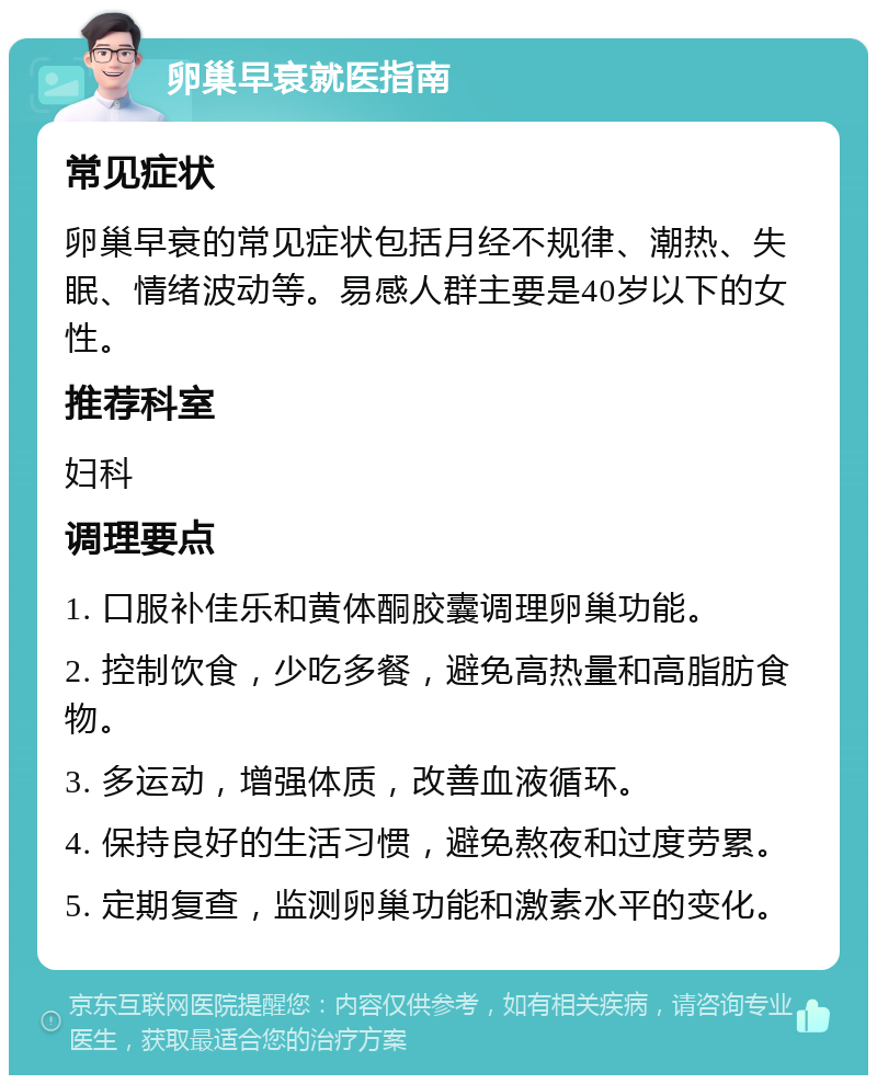 卵巢早衰就医指南 常见症状 卵巢早衰的常见症状包括月经不规律、潮热、失眠、情绪波动等。易感人群主要是40岁以下的女性。 推荐科室 妇科 调理要点 1. 口服补佳乐和黄体酮胶囊调理卵巢功能。 2. 控制饮食，少吃多餐，避免高热量和高脂肪食物。 3. 多运动，增强体质，改善血液循环。 4. 保持良好的生活习惯，避免熬夜和过度劳累。 5. 定期复查，监测卵巢功能和激素水平的变化。