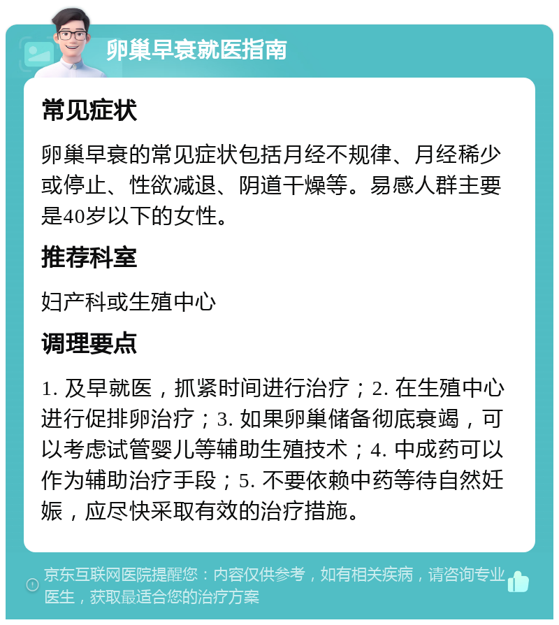 卵巢早衰就医指南 常见症状 卵巢早衰的常见症状包括月经不规律、月经稀少或停止、性欲减退、阴道干燥等。易感人群主要是40岁以下的女性。 推荐科室 妇产科或生殖中心 调理要点 1. 及早就医，抓紧时间进行治疗；2. 在生殖中心进行促排卵治疗；3. 如果卵巢储备彻底衰竭，可以考虑试管婴儿等辅助生殖技术；4. 中成药可以作为辅助治疗手段；5. 不要依赖中药等待自然妊娠，应尽快采取有效的治疗措施。