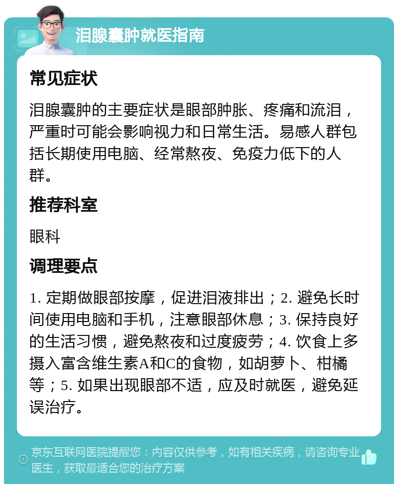 泪腺囊肿就医指南 常见症状 泪腺囊肿的主要症状是眼部肿胀、疼痛和流泪，严重时可能会影响视力和日常生活。易感人群包括长期使用电脑、经常熬夜、免疫力低下的人群。 推荐科室 眼科 调理要点 1. 定期做眼部按摩，促进泪液排出；2. 避免长时间使用电脑和手机，注意眼部休息；3. 保持良好的生活习惯，避免熬夜和过度疲劳；4. 饮食上多摄入富含维生素A和C的食物，如胡萝卜、柑橘等；5. 如果出现眼部不适，应及时就医，避免延误治疗。