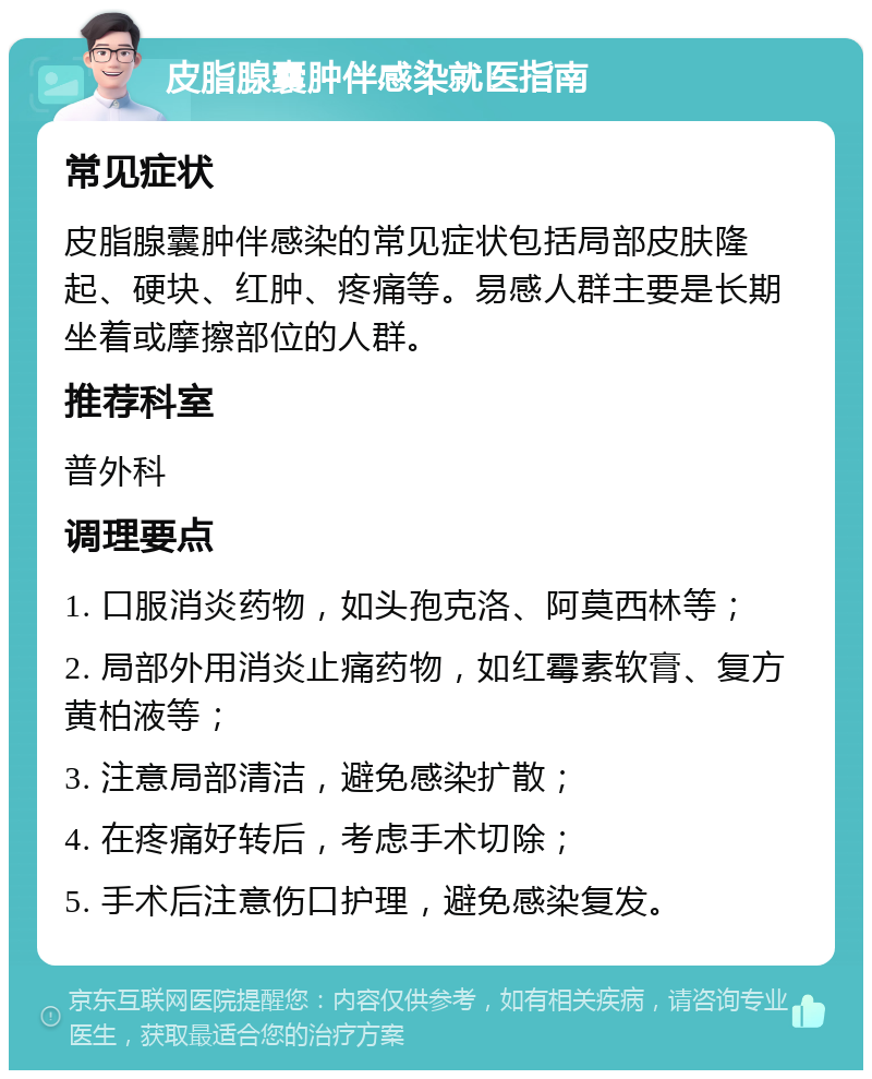 皮脂腺囊肿伴感染就医指南 常见症状 皮脂腺囊肿伴感染的常见症状包括局部皮肤隆起、硬块、红肿、疼痛等。易感人群主要是长期坐着或摩擦部位的人群。 推荐科室 普外科 调理要点 1. 口服消炎药物，如头孢克洛、阿莫西林等； 2. 局部外用消炎止痛药物，如红霉素软膏、复方黄柏液等； 3. 注意局部清洁，避免感染扩散； 4. 在疼痛好转后，考虑手术切除； 5. 手术后注意伤口护理，避免感染复发。