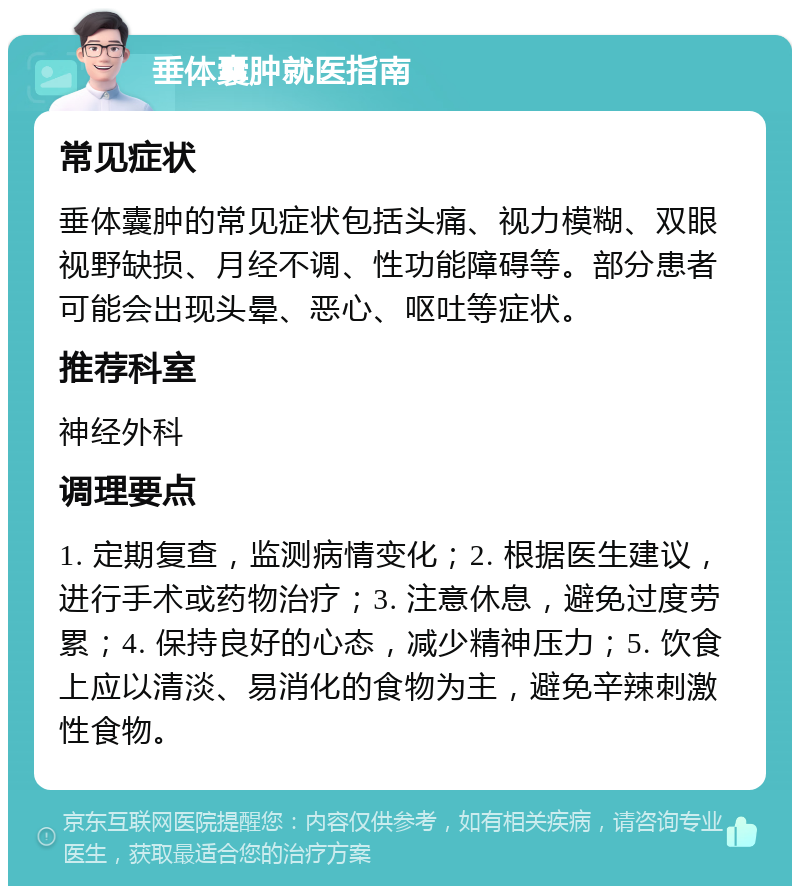 垂体囊肿就医指南 常见症状 垂体囊肿的常见症状包括头痛、视力模糊、双眼视野缺损、月经不调、性功能障碍等。部分患者可能会出现头晕、恶心、呕吐等症状。 推荐科室 神经外科 调理要点 1. 定期复查，监测病情变化；2. 根据医生建议，进行手术或药物治疗；3. 注意休息，避免过度劳累；4. 保持良好的心态，减少精神压力；5. 饮食上应以清淡、易消化的食物为主，避免辛辣刺激性食物。