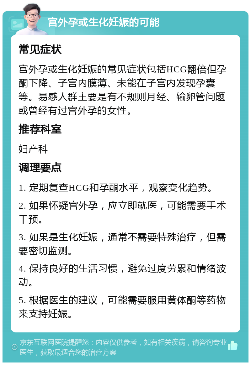 宫外孕或生化妊娠的可能 常见症状 宫外孕或生化妊娠的常见症状包括HCG翻倍但孕酮下降、子宫内膜薄、未能在子宫内发现孕囊等。易感人群主要是有不规则月经、输卵管问题或曾经有过宫外孕的女性。 推荐科室 妇产科 调理要点 1. 定期复查HCG和孕酮水平，观察变化趋势。 2. 如果怀疑宫外孕，应立即就医，可能需要手术干预。 3. 如果是生化妊娠，通常不需要特殊治疗，但需要密切监测。 4. 保持良好的生活习惯，避免过度劳累和情绪波动。 5. 根据医生的建议，可能需要服用黄体酮等药物来支持妊娠。