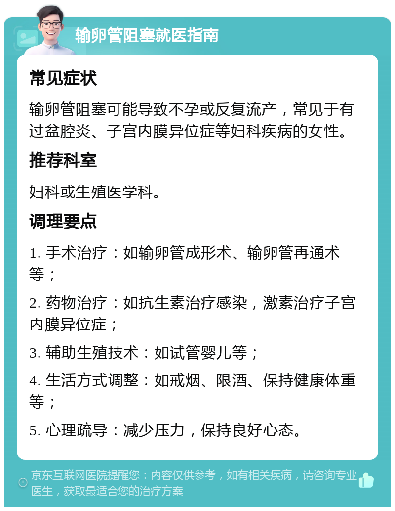 输卵管阻塞就医指南 常见症状 输卵管阻塞可能导致不孕或反复流产，常见于有过盆腔炎、子宫内膜异位症等妇科疾病的女性。 推荐科室 妇科或生殖医学科。 调理要点 1. 手术治疗：如输卵管成形术、输卵管再通术等； 2. 药物治疗：如抗生素治疗感染，激素治疗子宫内膜异位症； 3. 辅助生殖技术：如试管婴儿等； 4. 生活方式调整：如戒烟、限酒、保持健康体重等； 5. 心理疏导：减少压力，保持良好心态。