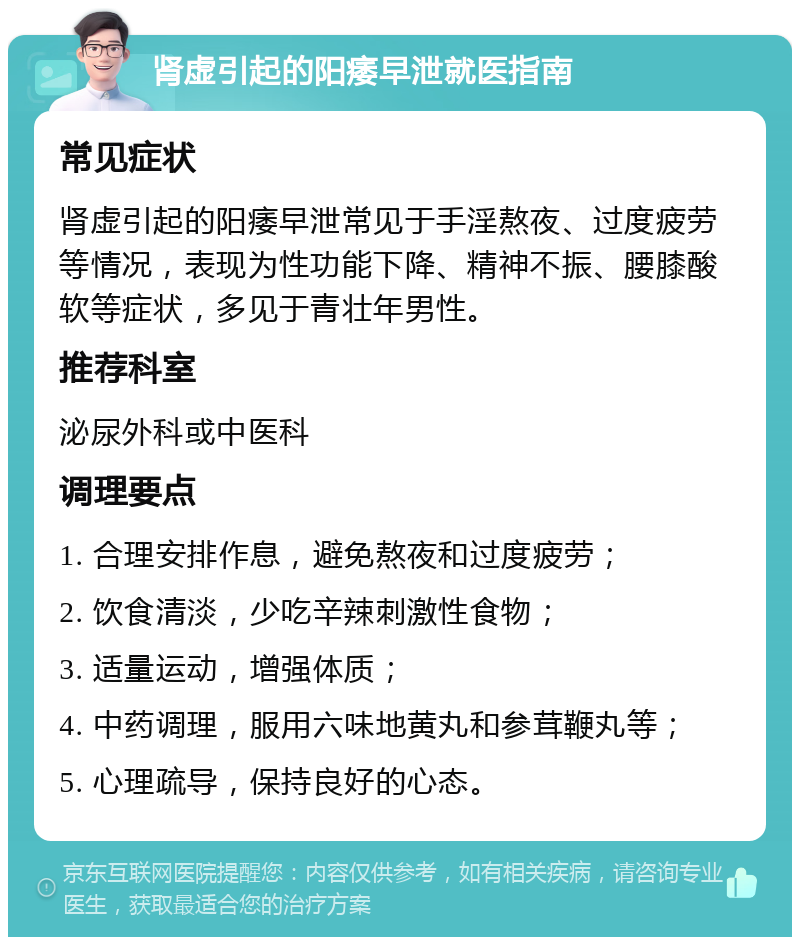 肾虚引起的阳痿早泄就医指南 常见症状 肾虚引起的阳痿早泄常见于手淫熬夜、过度疲劳等情况，表现为性功能下降、精神不振、腰膝酸软等症状，多见于青壮年男性。 推荐科室 泌尿外科或中医科 调理要点 1. 合理安排作息，避免熬夜和过度疲劳； 2. 饮食清淡，少吃辛辣刺激性食物； 3. 适量运动，增强体质； 4. 中药调理，服用六味地黄丸和参茸鞭丸等； 5. 心理疏导，保持良好的心态。