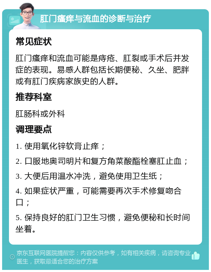 肛门瘙痒与流血的诊断与治疗 常见症状 肛门瘙痒和流血可能是痔疮、肛裂或手术后并发症的表现。易感人群包括长期便秘、久坐、肥胖或有肛门疾病家族史的人群。 推荐科室 肛肠科或外科 调理要点 1. 使用氧化锌软膏止痒； 2. 口服地奥司明片和复方角菜酸酯栓塞肛止血； 3. 大便后用温水冲洗，避免使用卫生纸； 4. 如果症状严重，可能需要再次手术修复吻合口； 5. 保持良好的肛门卫生习惯，避免便秘和长时间坐着。