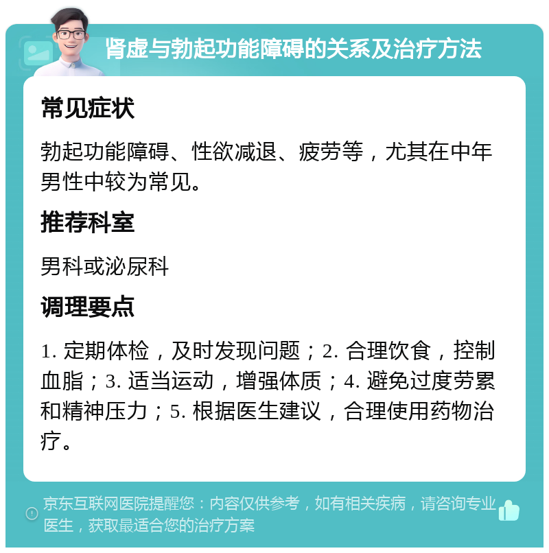 肾虚与勃起功能障碍的关系及治疗方法 常见症状 勃起功能障碍、性欲减退、疲劳等，尤其在中年男性中较为常见。 推荐科室 男科或泌尿科 调理要点 1. 定期体检，及时发现问题；2. 合理饮食，控制血脂；3. 适当运动，增强体质；4. 避免过度劳累和精神压力；5. 根据医生建议，合理使用药物治疗。