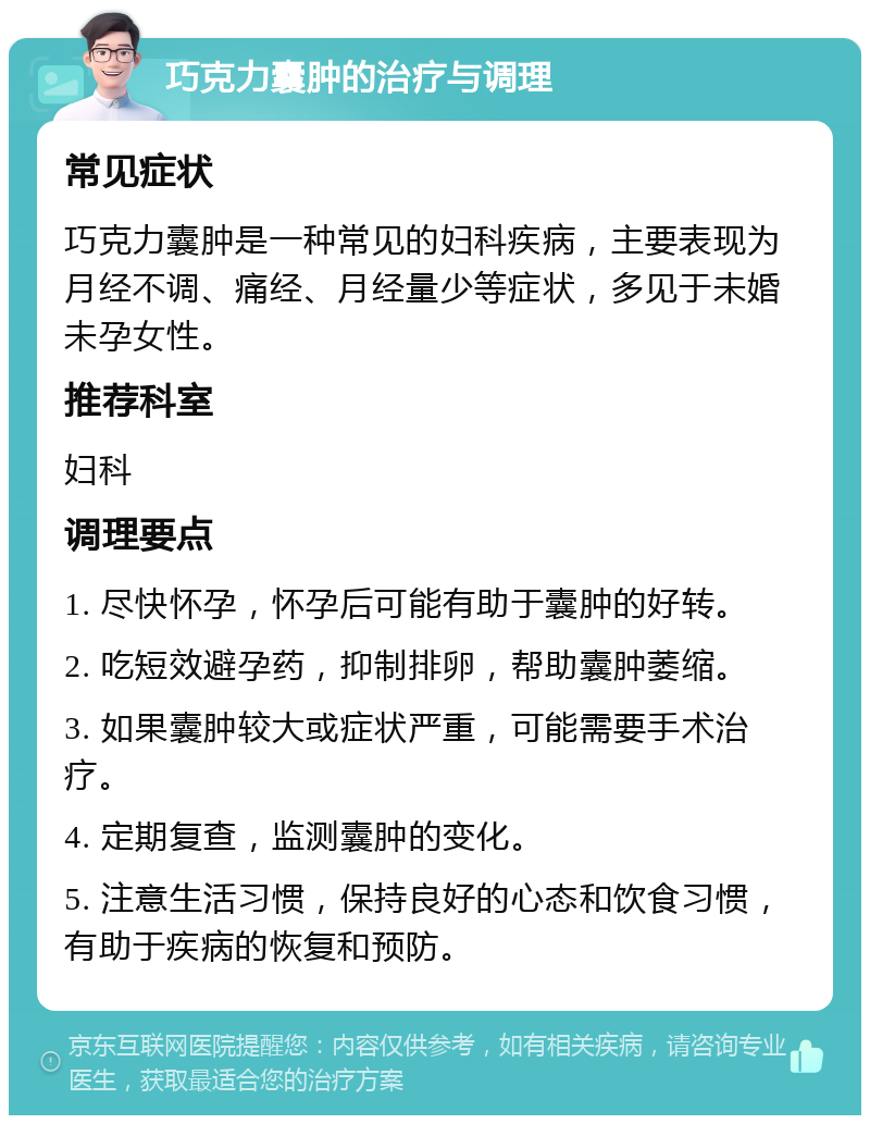 巧克力囊肿的治疗与调理 常见症状 巧克力囊肿是一种常见的妇科疾病，主要表现为月经不调、痛经、月经量少等症状，多见于未婚未孕女性。 推荐科室 妇科 调理要点 1. 尽快怀孕，怀孕后可能有助于囊肿的好转。 2. 吃短效避孕药，抑制排卵，帮助囊肿萎缩。 3. 如果囊肿较大或症状严重，可能需要手术治疗。 4. 定期复查，监测囊肿的变化。 5. 注意生活习惯，保持良好的心态和饮食习惯，有助于疾病的恢复和预防。