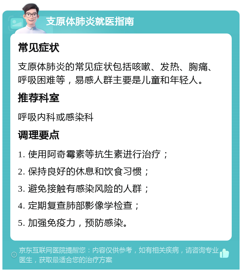 支原体肺炎就医指南 常见症状 支原体肺炎的常见症状包括咳嗽、发热、胸痛、呼吸困难等，易感人群主要是儿童和年轻人。 推荐科室 呼吸内科或感染科 调理要点 1. 使用阿奇霉素等抗生素进行治疗； 2. 保持良好的休息和饮食习惯； 3. 避免接触有感染风险的人群； 4. 定期复查肺部影像学检查； 5. 加强免疫力，预防感染。