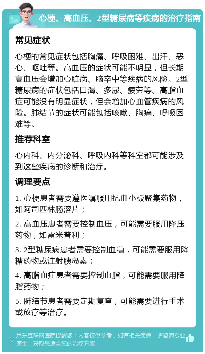 心梗、高血压、2型糖尿病等疾病的治疗指南 常见症状 心梗的常见症状包括胸痛、呼吸困难、出汗、恶心、呕吐等。高血压的症状可能不明显，但长期高血压会增加心脏病、脑卒中等疾病的风险。2型糖尿病的症状包括口渴、多尿、疲劳等。高脂血症可能没有明显症状，但会增加心血管疾病的风险。肺结节的症状可能包括咳嗽、胸痛、呼吸困难等。 推荐科室 心内科、内分泌科、呼吸内科等科室都可能涉及到这些疾病的诊断和治疗。 调理要点 1. 心梗患者需要遵医嘱服用抗血小板聚集药物，如阿司匹林肠溶片； 2. 高血压患者需要控制血压，可能需要服用降压药物，如雷米普利； 3. 2型糖尿病患者需要控制血糖，可能需要服用降糖药物或注射胰岛素； 4. 高脂血症患者需要控制血脂，可能需要服用降脂药物； 5. 肺结节患者需要定期复查，可能需要进行手术或放疗等治疗。