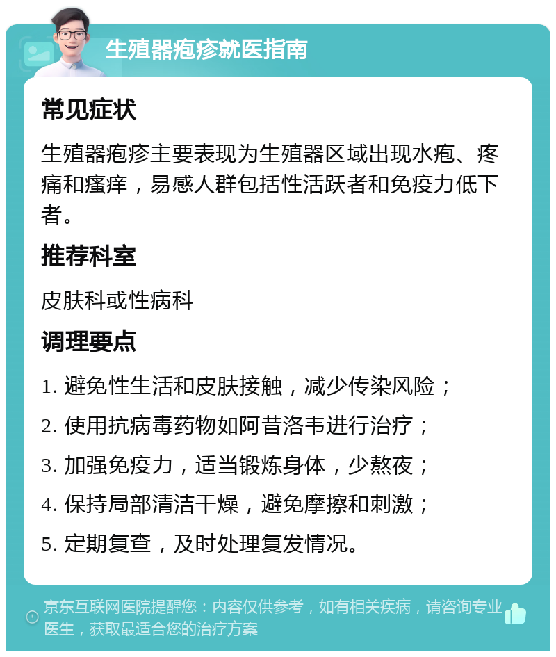 生殖器疱疹就医指南 常见症状 生殖器疱疹主要表现为生殖器区域出现水疱、疼痛和瘙痒，易感人群包括性活跃者和免疫力低下者。 推荐科室 皮肤科或性病科 调理要点 1. 避免性生活和皮肤接触，减少传染风险； 2. 使用抗病毒药物如阿昔洛韦进行治疗； 3. 加强免疫力，适当锻炼身体，少熬夜； 4. 保持局部清洁干燥，避免摩擦和刺激； 5. 定期复查，及时处理复发情况。