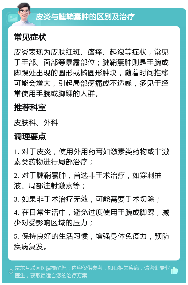 皮炎与腱鞘囊肿的区别及治疗 常见症状 皮炎表现为皮肤红斑、瘙痒、起泡等症状，常见于手部、面部等暴露部位；腱鞘囊肿则是手腕或脚踝处出现的圆形或椭圆形肿块，随着时间推移可能会增大，引起局部疼痛或不适感，多见于经常使用手腕或脚踝的人群。 推荐科室 皮肤科、外科 调理要点 1. 对于皮炎，使用外用药膏如激素类药物或非激素类药物进行局部治疗； 2. 对于腱鞘囊肿，首选非手术治疗，如穿刺抽液、局部注射激素等； 3. 如果非手术治疗无效，可能需要手术切除； 4. 在日常生活中，避免过度使用手腕或脚踝，减少对受影响区域的压力； 5. 保持良好的生活习惯，增强身体免疫力，预防疾病复发。