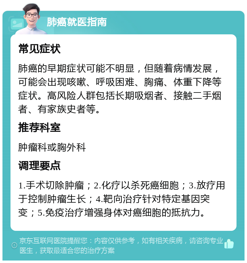 肺癌就医指南 常见症状 肺癌的早期症状可能不明显，但随着病情发展，可能会出现咳嗽、呼吸困难、胸痛、体重下降等症状。高风险人群包括长期吸烟者、接触二手烟者、有家族史者等。 推荐科室 肿瘤科或胸外科 调理要点 1.手术切除肿瘤；2.化疗以杀死癌细胞；3.放疗用于控制肿瘤生长；4.靶向治疗针对特定基因突变；5.免疫治疗增强身体对癌细胞的抵抗力。