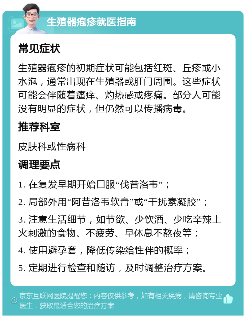 生殖器疱疹就医指南 常见症状 生殖器疱疹的初期症状可能包括红斑、丘疹或小水泡，通常出现在生殖器或肛门周围。这些症状可能会伴随着瘙痒、灼热感或疼痛。部分人可能没有明显的症状，但仍然可以传播病毒。 推荐科室 皮肤科或性病科 调理要点 1. 在复发早期开始口服“伐昔洛韦”； 2. 局部外用“阿昔洛韦软膏”或“干扰素凝胶”； 3. 注意生活细节，如节欲、少饮酒、少吃辛辣上火刺激的食物、不疲劳、早休息不熬夜等； 4. 使用避孕套，降低传染给性伴的概率； 5. 定期进行检查和随访，及时调整治疗方案。