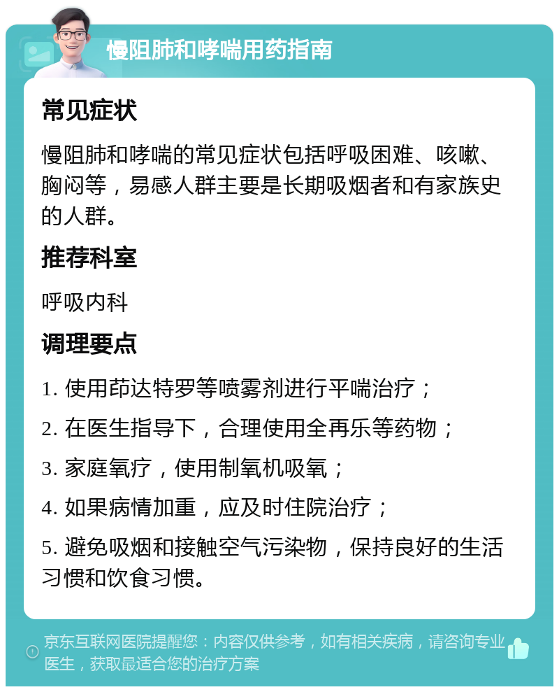 慢阻肺和哮喘用药指南 常见症状 慢阻肺和哮喘的常见症状包括呼吸困难、咳嗽、胸闷等，易感人群主要是长期吸烟者和有家族史的人群。 推荐科室 呼吸内科 调理要点 1. 使用茚达特罗等喷雾剂进行平喘治疗； 2. 在医生指导下，合理使用全再乐等药物； 3. 家庭氧疗，使用制氧机吸氧； 4. 如果病情加重，应及时住院治疗； 5. 避免吸烟和接触空气污染物，保持良好的生活习惯和饮食习惯。