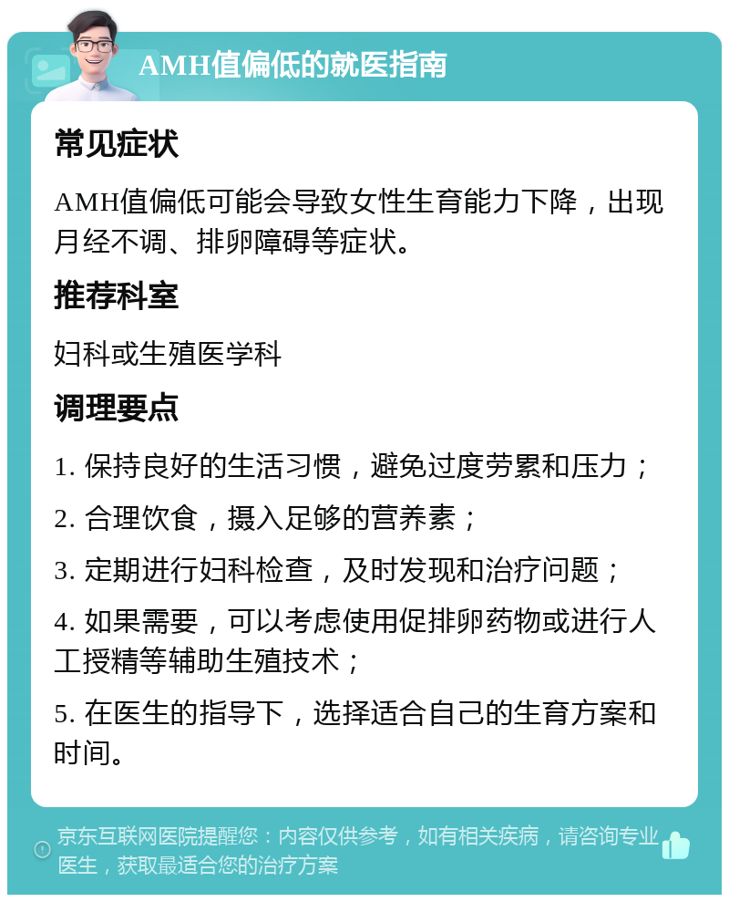 AMH值偏低的就医指南 常见症状 AMH值偏低可能会导致女性生育能力下降，出现月经不调、排卵障碍等症状。 推荐科室 妇科或生殖医学科 调理要点 1. 保持良好的生活习惯，避免过度劳累和压力； 2. 合理饮食，摄入足够的营养素； 3. 定期进行妇科检查，及时发现和治疗问题； 4. 如果需要，可以考虑使用促排卵药物或进行人工授精等辅助生殖技术； 5. 在医生的指导下，选择适合自己的生育方案和时间。