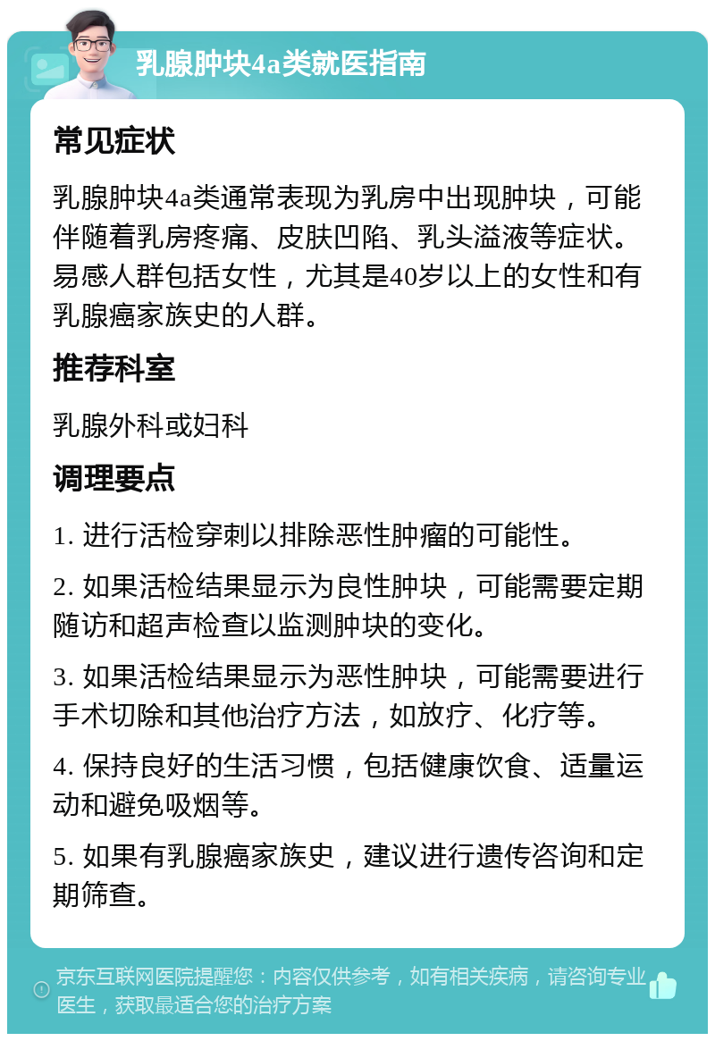 乳腺肿块4a类就医指南 常见症状 乳腺肿块4a类通常表现为乳房中出现肿块，可能伴随着乳房疼痛、皮肤凹陷、乳头溢液等症状。易感人群包括女性，尤其是40岁以上的女性和有乳腺癌家族史的人群。 推荐科室 乳腺外科或妇科 调理要点 1. 进行活检穿刺以排除恶性肿瘤的可能性。 2. 如果活检结果显示为良性肿块，可能需要定期随访和超声检查以监测肿块的变化。 3. 如果活检结果显示为恶性肿块，可能需要进行手术切除和其他治疗方法，如放疗、化疗等。 4. 保持良好的生活习惯，包括健康饮食、适量运动和避免吸烟等。 5. 如果有乳腺癌家族史，建议进行遗传咨询和定期筛查。